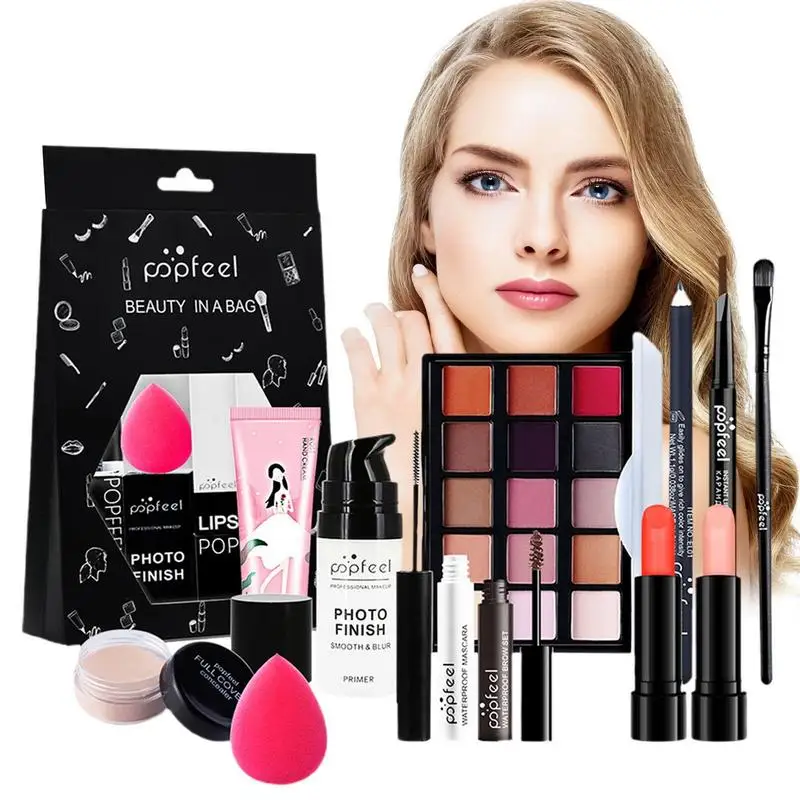 

12pcs All In 1 Makeup Kit 15 Colors Eyeshadow Palette Primer Face Foundation Mascara Lipgloss Eyeliner Eyebrow Pencil Blush Make