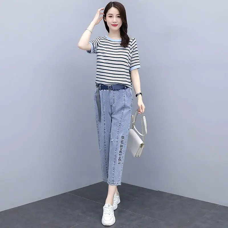 Женский брючный костюм лето 2022 простая футболка в полоску джинсовый из двух