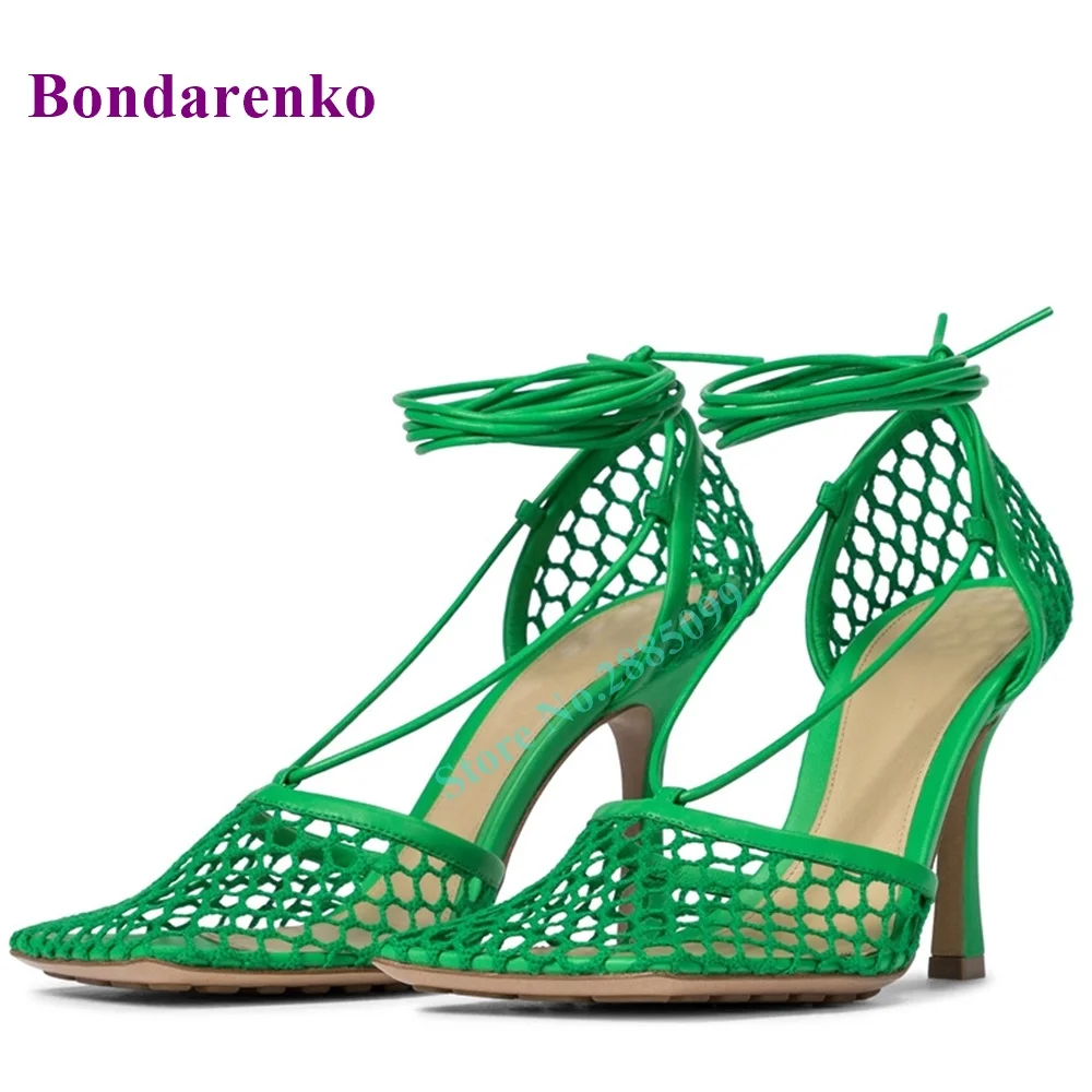 

2022 Summer Square Toe Women's Sandals Hollow Mesh Fashion Shoes Thin High Heel Solid Lace Up Sandals Party Dress Ankle Sandals