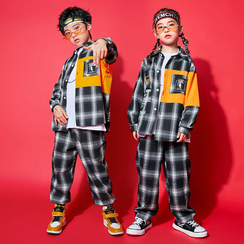 

Hip Hop Clothes for Girls Lapel Letter Print Patchwork Top Shirt Elastic Waist Plaid Trousers 2pcs Modern Jazz Dance Outfit Boys