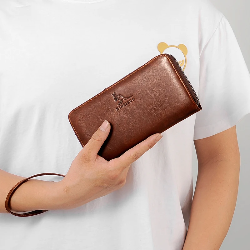 Men's Long Zipper Wallets High Quality Pu Leather Wallet for Man RFID Blocking Business Blue Clutch Bag Credit Card Holder Purse