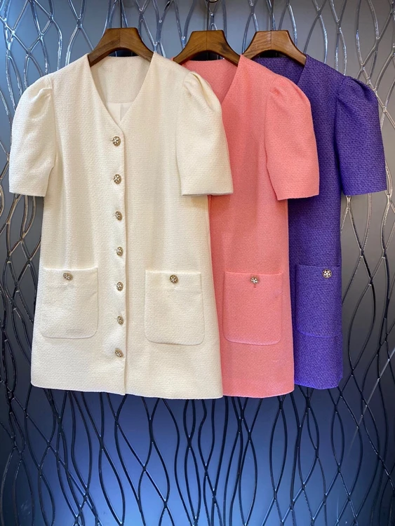 

2022 new women fashion bubble short-sleeved V-neck multi-button lady style elegant and simple dress 614