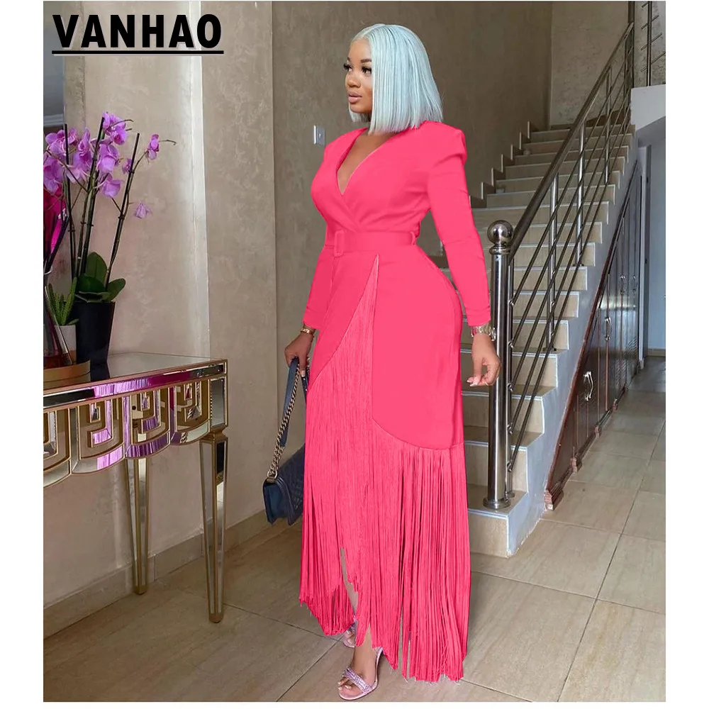 

VANHAO 2022 Fashion Tassels Hem Women Dresses with Belt Solid Color Blazer Maxi Long Dress Office Wear Wholesale Dropshipping