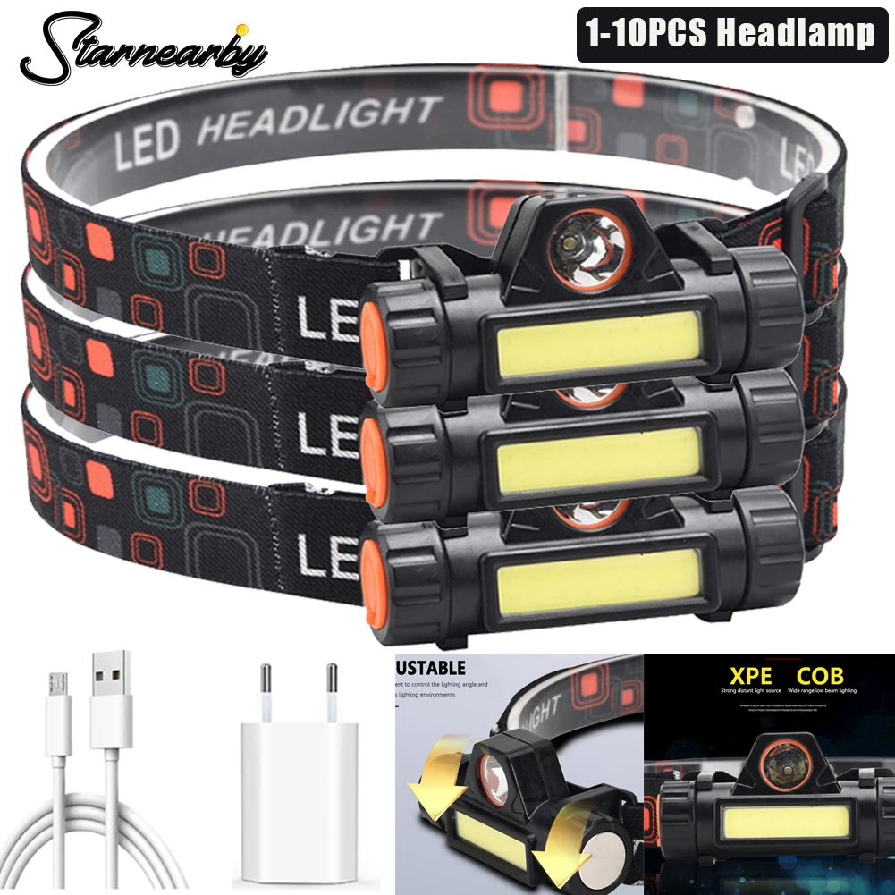 

1-15PCS LED Headlamp Portable USB Rechargeable Head Torch Flashlight Super Bright Warning Headlights For Fishing Camping Lantern