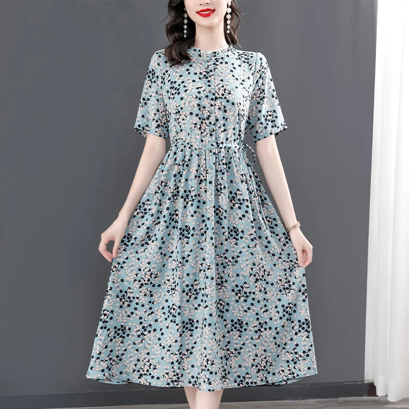 Summer New Women's Dress Plus Size5XL Ice Silk Printing Dresses Female Korean Short-Sleeved Over The Knee Lady |