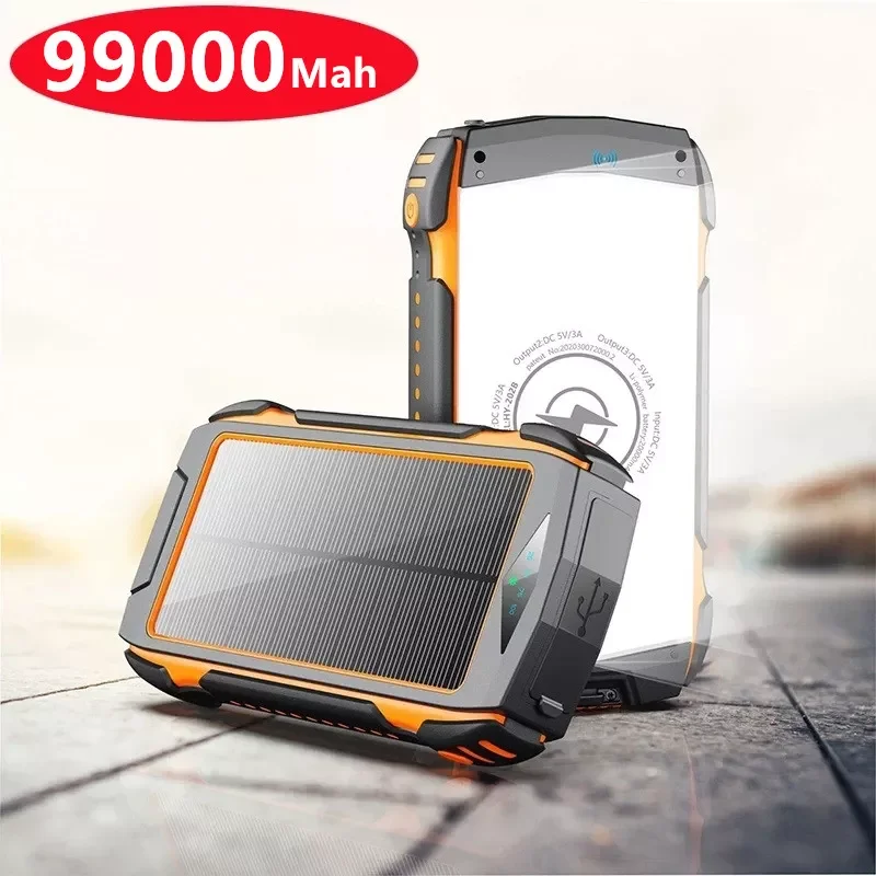

99000mAh Solar Power Bank Fast Qi Wireless Charger PD18W Powerbank for iPhone 12 S21 Poverbank with Camping Light