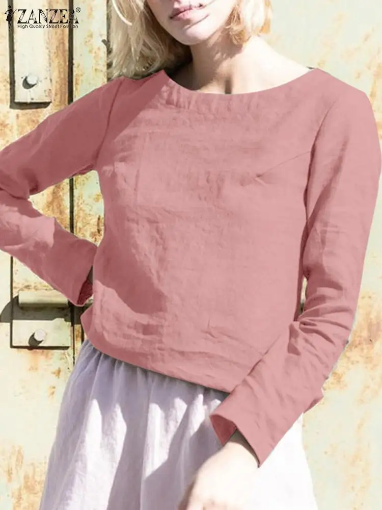

Fashion Women O Neck Solid Loose Shirt ZANZEA Autumn Vintage Long Sleeve Cotton Blouse Female Loose Casual Tops Tunic Blusas