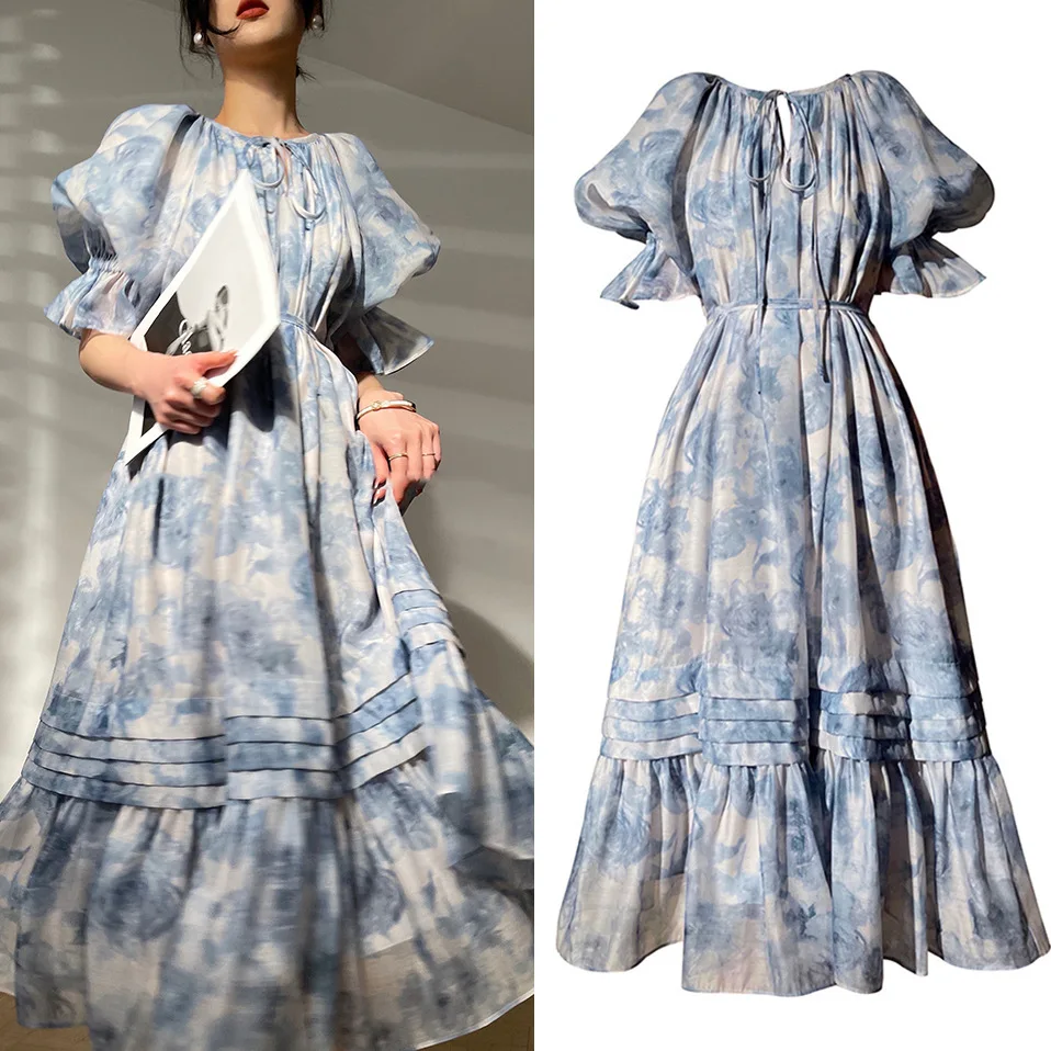 

Puff Sleeves Fashion Women Dress Holiday Casual Print Shirring Ruffles Retro Long Dresses Clothes