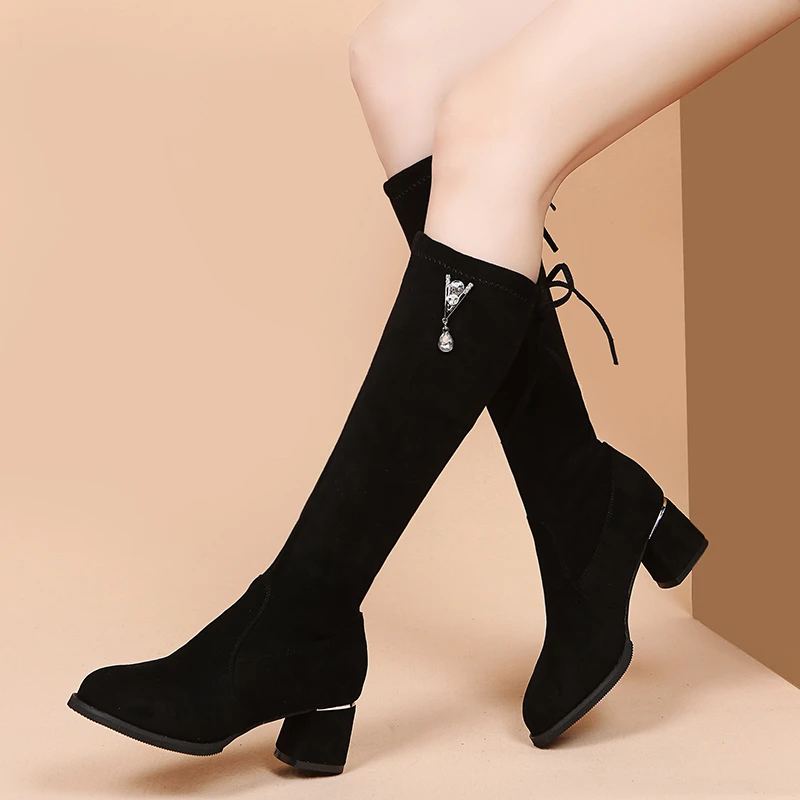 

Flock Knee High Boots Women Autumn Winter Crystal Bling Lace up Sexy High Boots for Women Shoes Woman High Heels Booties Female