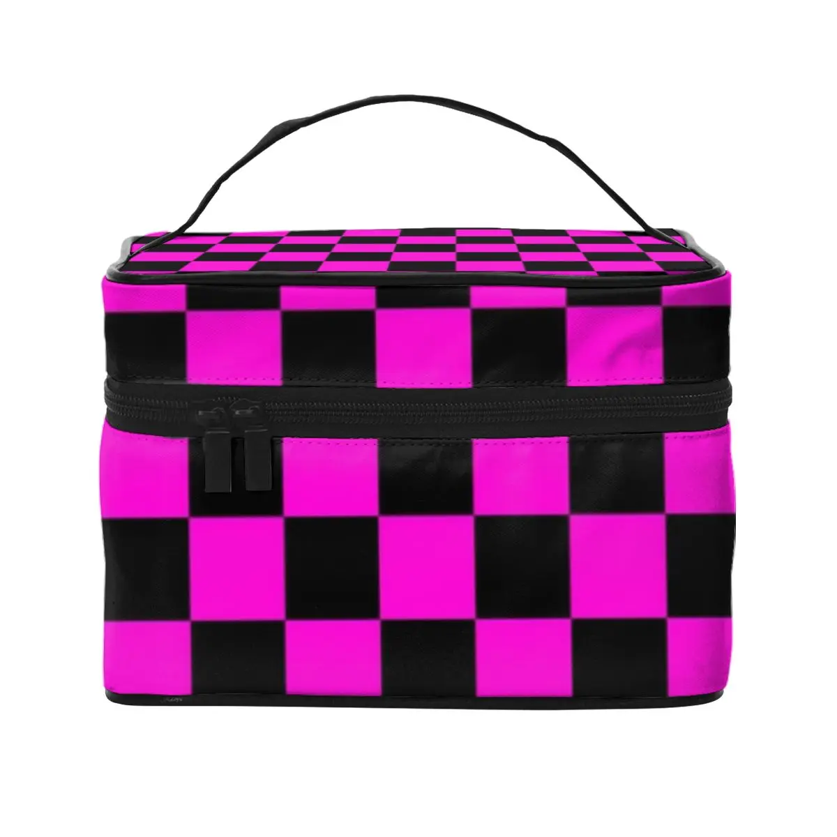 

Pink Black Checkerboard Cosmetic Bags Missing Texture Pack Storage Organizers with Handle Daily Woman's Makeup Pouch