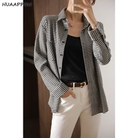classic houndstooth polo collar shirt for women 2022 summer and autumn new casual straight loose wool long sleeve lady tops