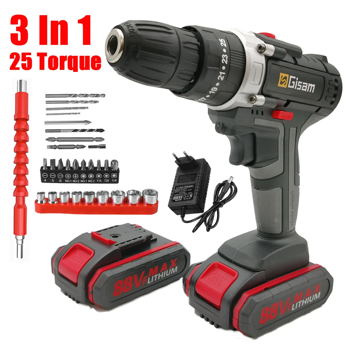 

25+3 Torque Electirc Impact Cordless Drill Battery Drill Screwdriver Woodworking Power Tools Hammer Drill Electric Drill Machine