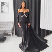 on zhu sexy black long sleeve evening dresses off the shoulder soft satin high split prom dress formal elegant vestidos de gala