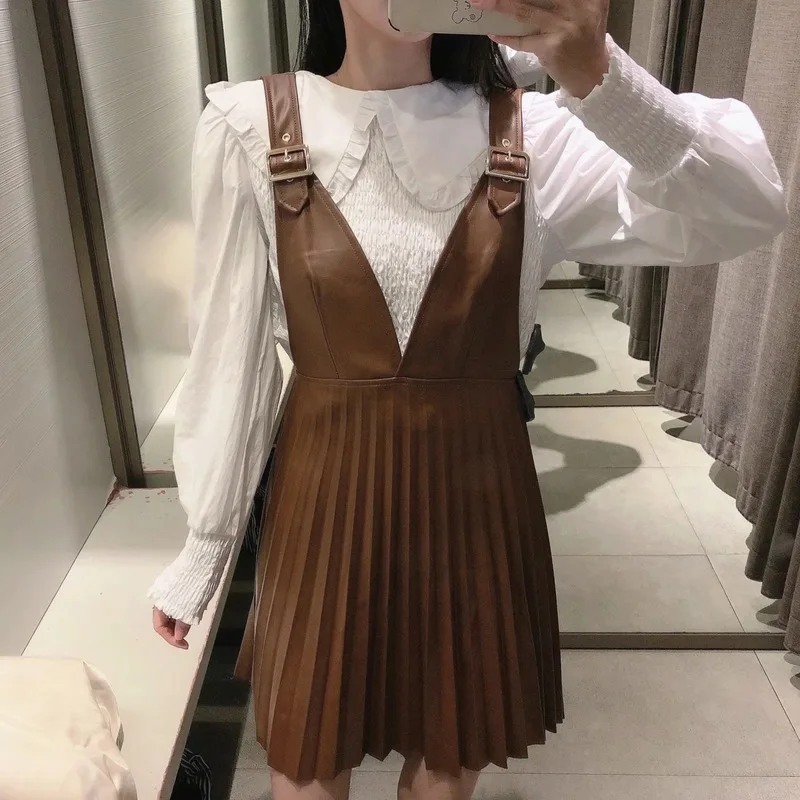 

Pu Faux Leather Overalls Spring Sexy Woman Pleated Suspension Skirt 2021 Ladies Retro Sexy Faux Leather Dress Y2k Skirts Womens