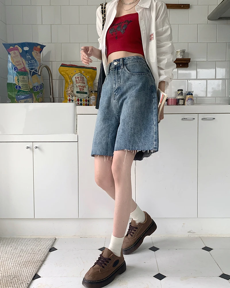 2023 Denim Shorts Women's Blue Commuter Summer New High Waist Straight Tube Loose Wide Leg Slim Capris