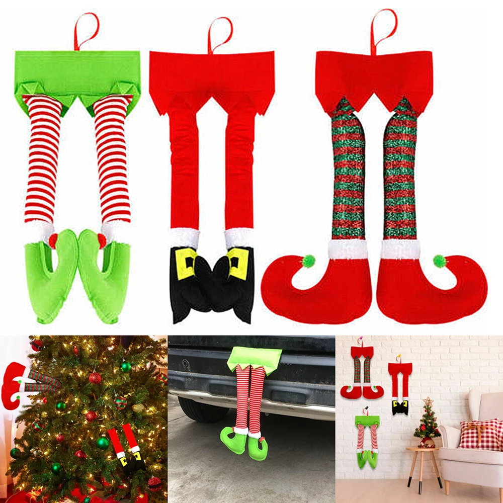 Auto Christmas Ornament Xmas Tree Decoration Elf Santa Claus Legs Stripes Pattern Xmas Holiday Car Party Home Pendant Accessorie