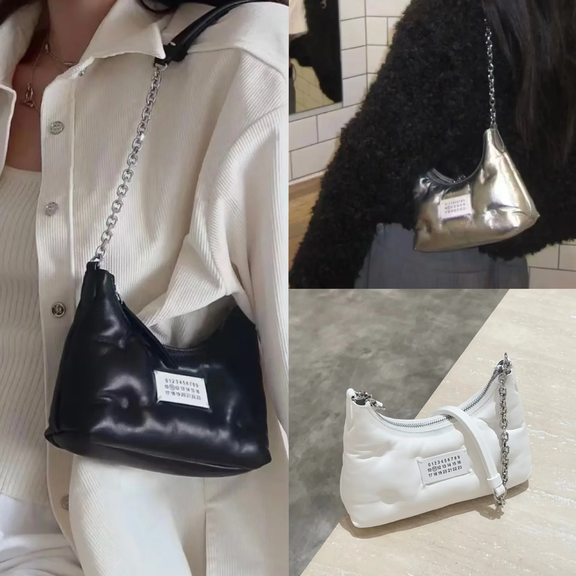 

MM6 Bags Real Sheepskin Handheld Bag Lady Solid Color Cloud Bag Pillow Cotton Crossbody Bag Shoulder Strap Embroidery Women Bags