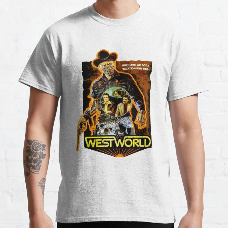 80-е годы Винтаж scifi Westworld фильм страшный ковбой ужасов графические футболки для