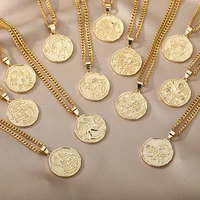12 constellation necklace for women men round coin zodiac choker chain vintage jewelry gift collier aries taurus gemini