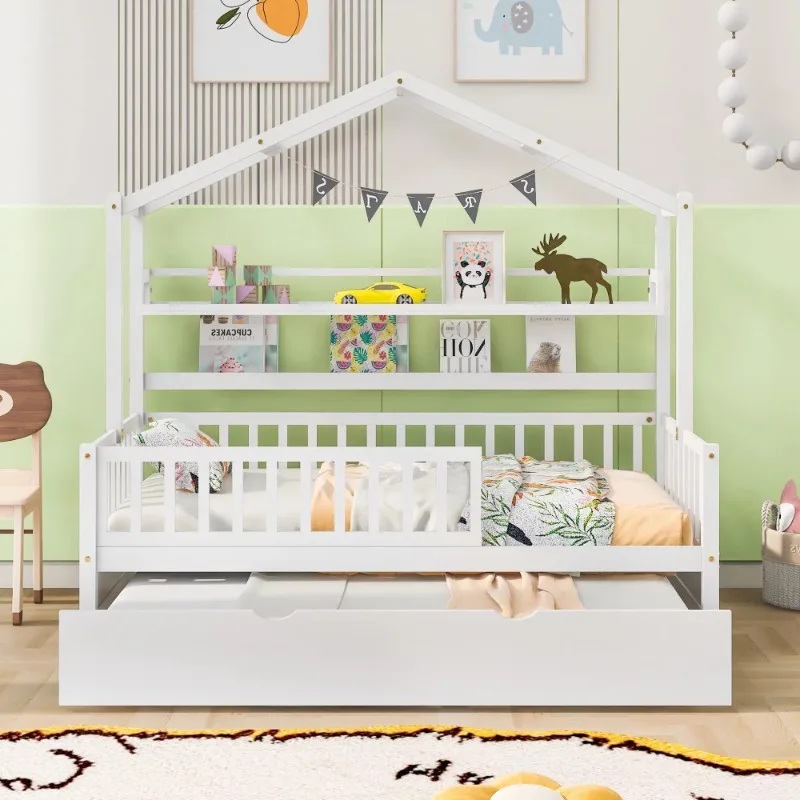

Euroco Wood Twin House Bed with Bookcase and Trundle for Kids, White