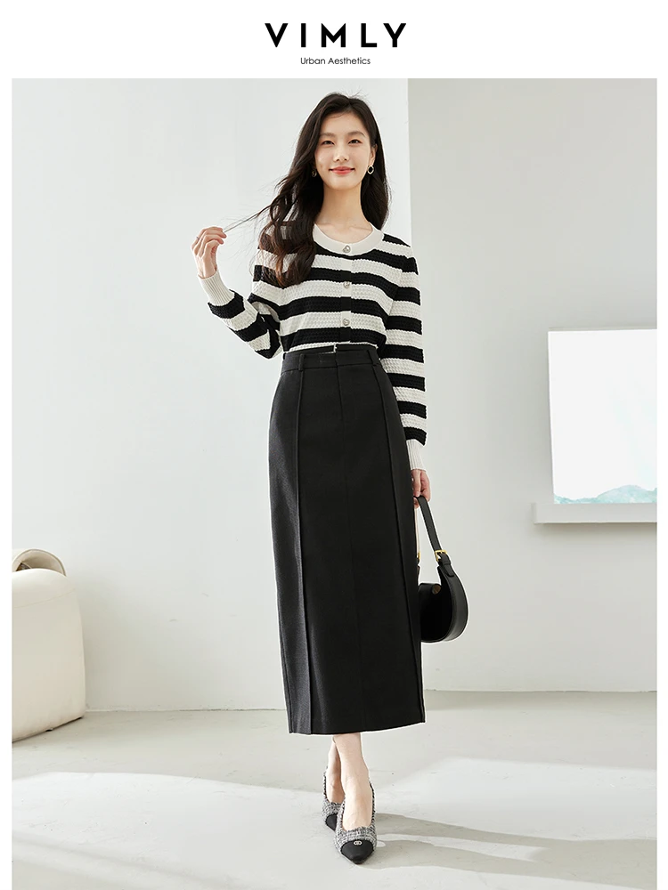 Женская прямая Макси-юбка с разрезом Vimly черная однотонная Повседневная