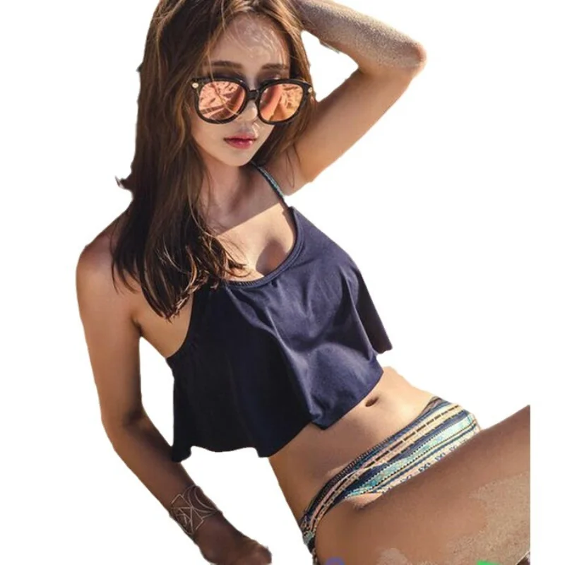 Новые Сексуальные черные бикини с принтом и оборками купальник из двух предметов