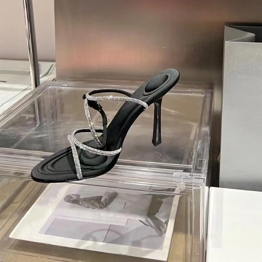 Temperament high heel rhinestone chain sandals women's thin heel Roman open-toe women's shoes 2023 summer new style