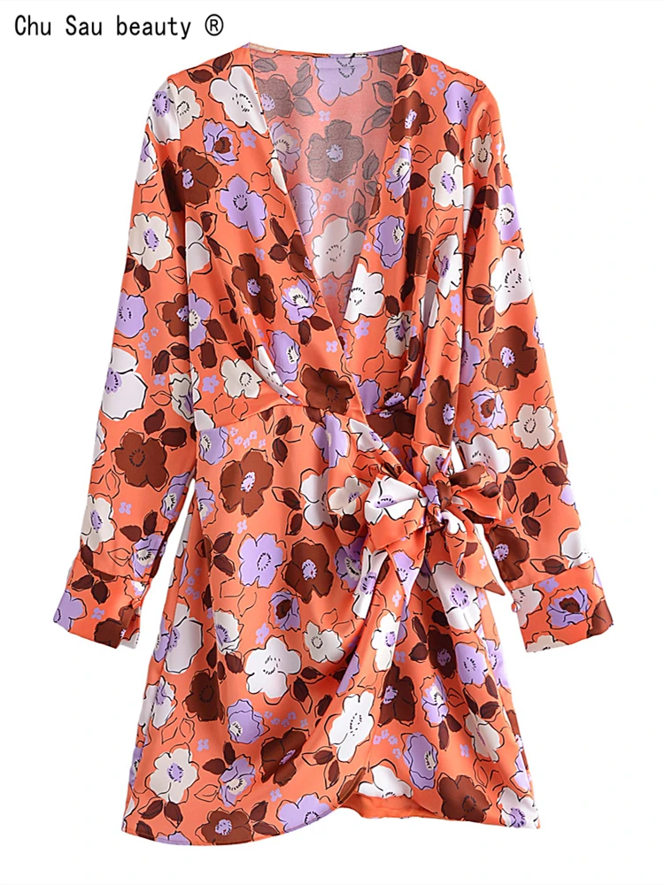 

Женское винтажное платье с цветочным принтом, асимметричное шелковое платье во французском стиле с V-образным вырезом, со складками и шнуро...