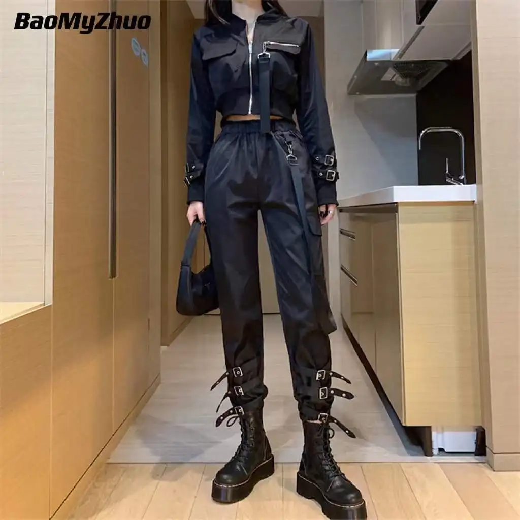 

2022 Spring New Two-Piece Suit Women Motorcycle Motorbike Jackets Long Sleeve Zipper Short Coat Set Fashion Hip Hop Pants Suit