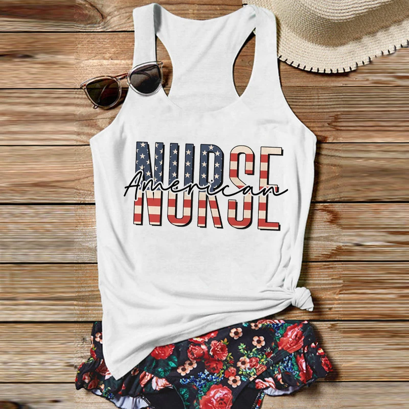 

American Flag Nurse Tops 4th of July Red White Blue Clothes Memorial Day Black Top Womens Independence Day Tank Tops Cute