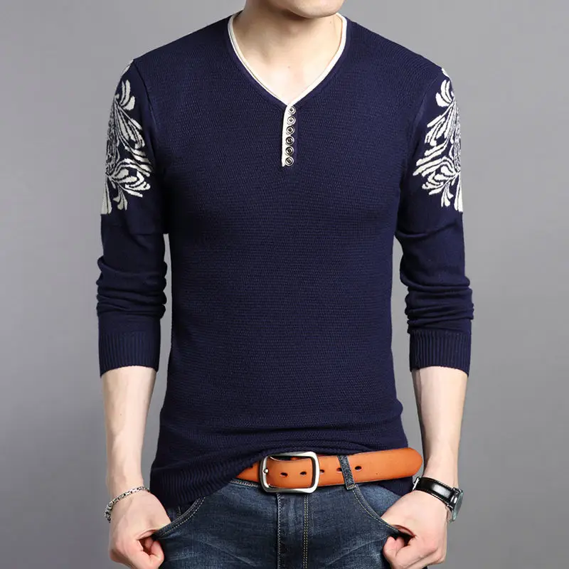

Spring Autumn V-Neck Long Sleeve Shoulder Flower Printing Button Slim Knitting T-Shirts Mature Men Daily Clothing Korean New