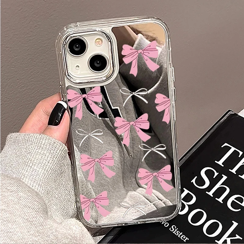 Милый розово-черный чехол-зеркало с бантом для iPhone 17 16 Pro Max 15 14 Plus 11 12 13 Pro Max 16E, противоударный прозрачный чехол (art.: 3920d4efa640f) - 3920d4efa640f
