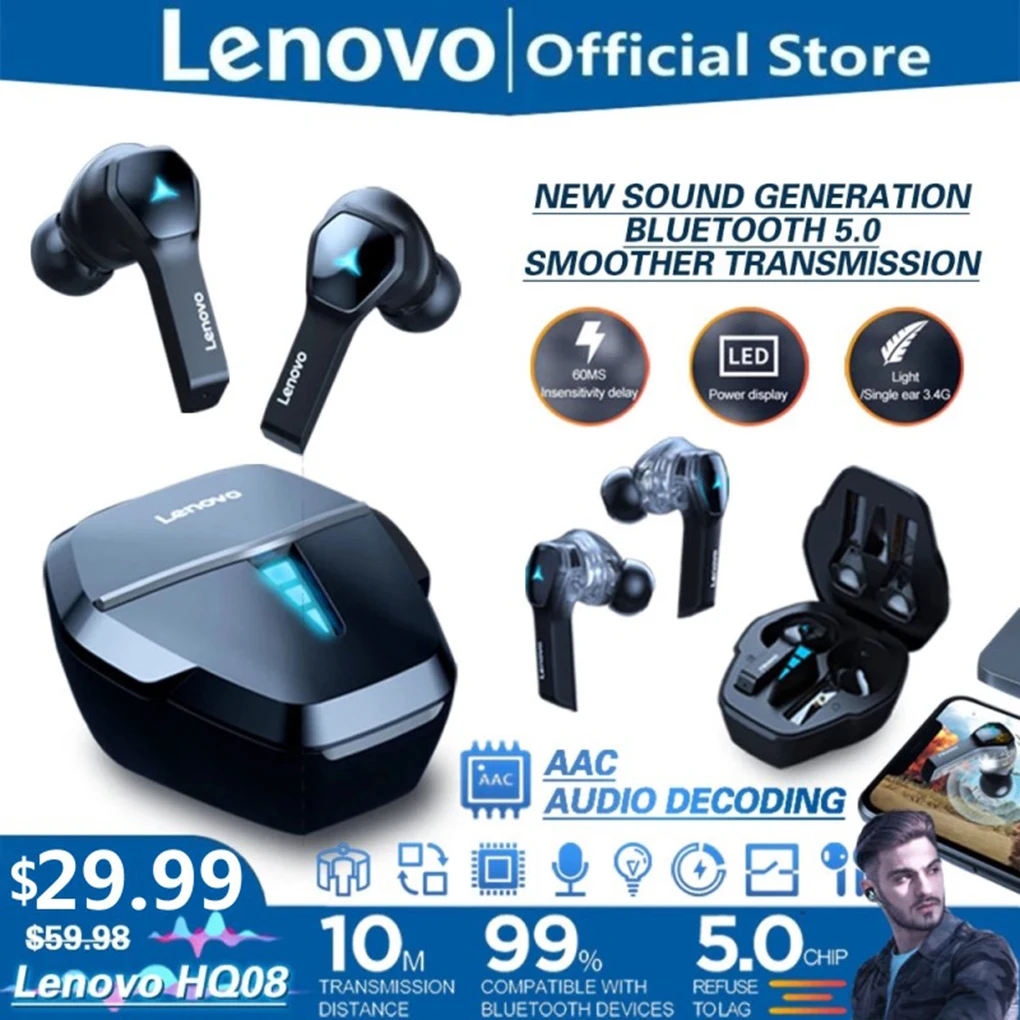 

Lenovo HQ08 Ture wireless Gaming earbuds HIFI AAC SBC Earphone Low Latency With Microphone Waterproof Bluetooth Headphones