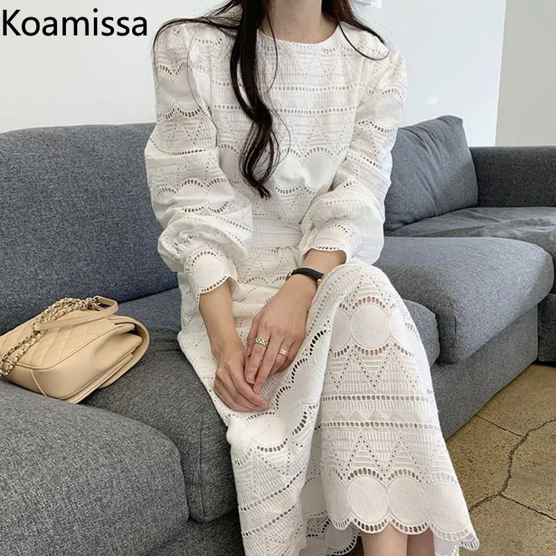 

Koamissa Elegant Women Lace Dress Robe Vintage Hollow Out Long Sleeve Maxi Dresses Spring New Fashion Solid Party Vestidos 2022
