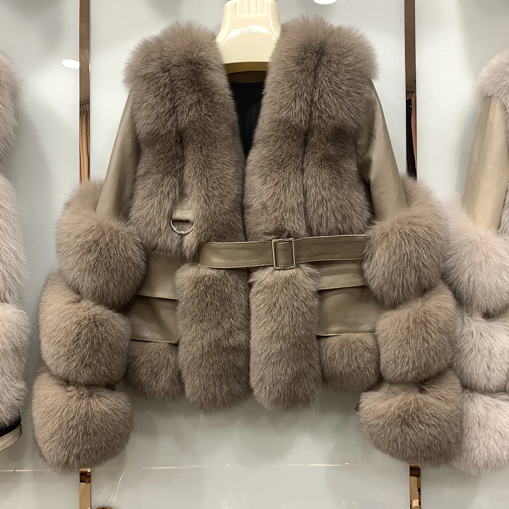 Women's Genuine Sheepskin Leather Jackets With Fox Fur Winter Thick Warm Fashion Ladies Coats Luxury Fluffy Short Overcoats