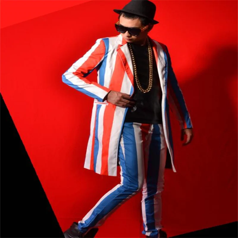 Nightclub suits mens long blazers stage male singer color big stripes big name bar costume accessories