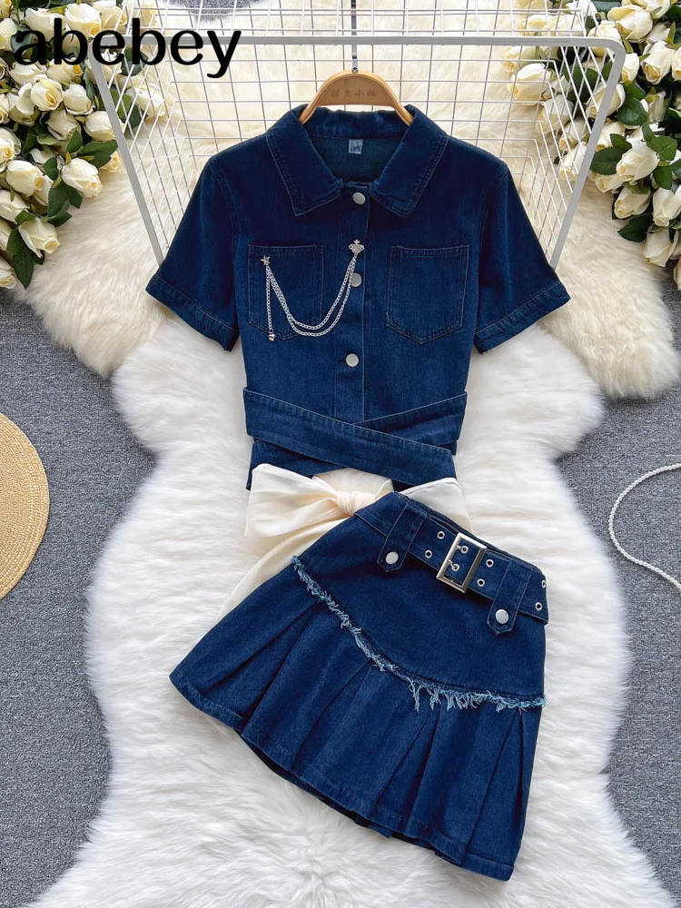

French Style Denim Women Sets Summer 2022 Single Breasted Polo Neck Tops + Mini A Line Skirt Two Piece Set Outfits