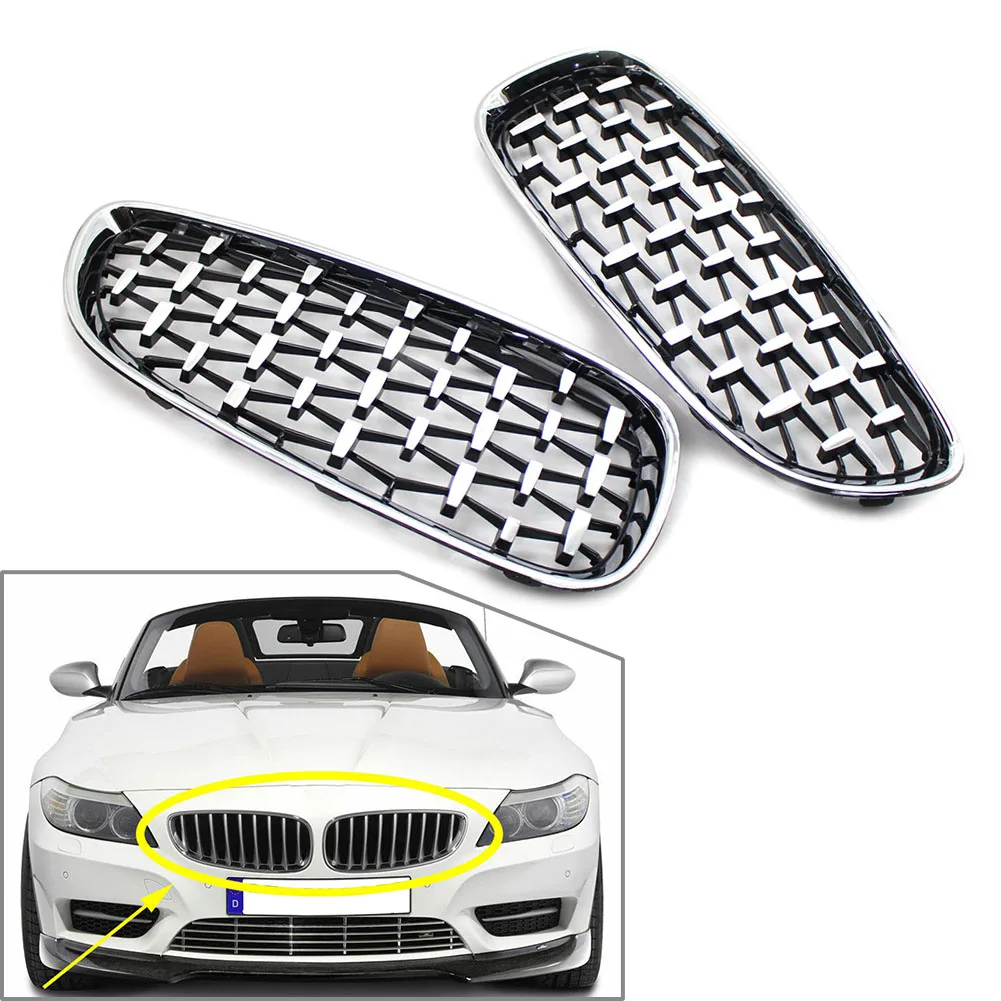 

2Pcs Car Front Bumper Grill For BMW Z4 E89 2009-2016 Diamond Meteor Style Mesh Protector Grille Chrome