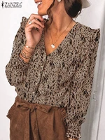 zanzea elegant women leopard printed ruffles blouse bohemian full sleeve v neck blusas fashion casual loose holiday tops chemise
