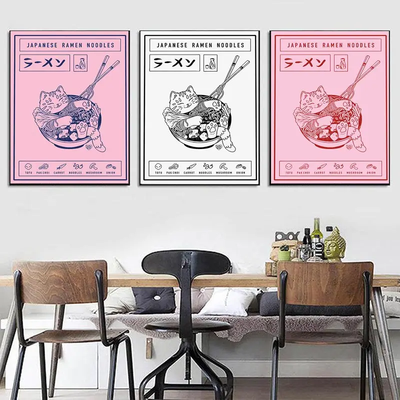 

Japanese Ramen Painting Animal Cat Cartoon Posters and Prints Wall Picture Noodles Food Kids Kitchen Room Decoration for Home