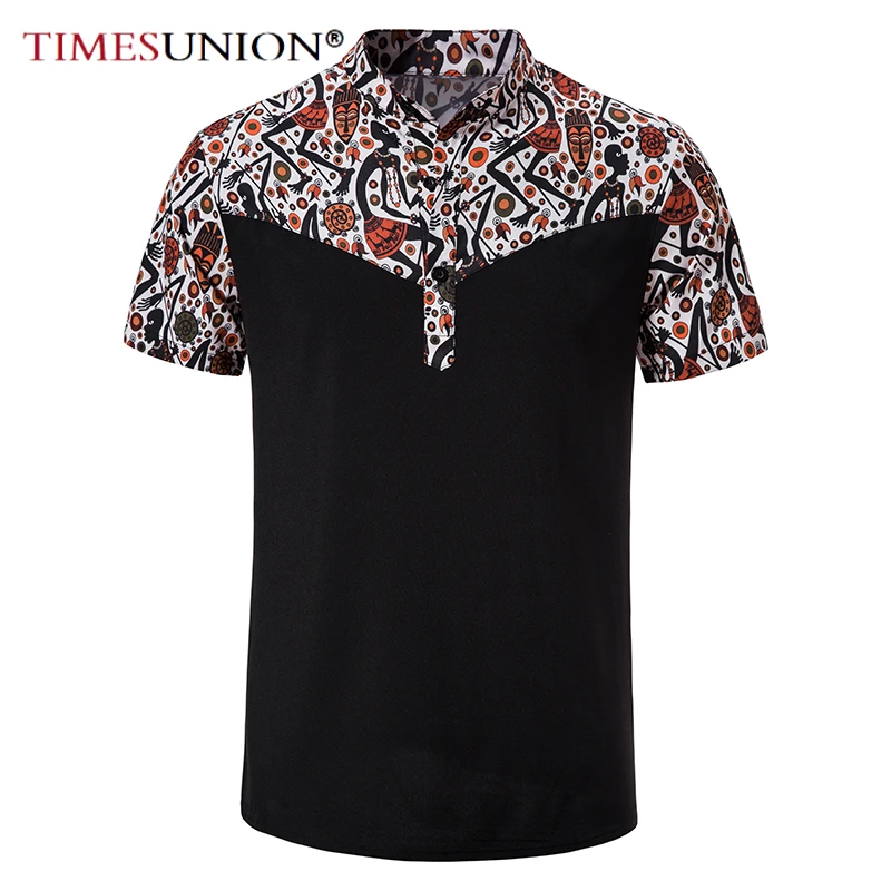Мода Африка печатных лоскутное дизайн рубашки для мужчин с коротким рукавом