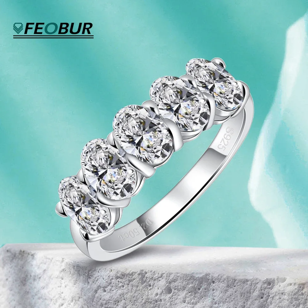 

5 Stone Oval Cut Moissanite Rings for Women Engagement Wedding Band GRA Certified 925 Sterling Silver Half Eternity Ring Jewelry