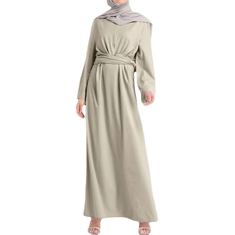

Middle East Saudi Arab Dubai Women Abaya Solid Color Belt Beam Waist Women Dress Elegant Long Sleeves Slim Lady Dresses