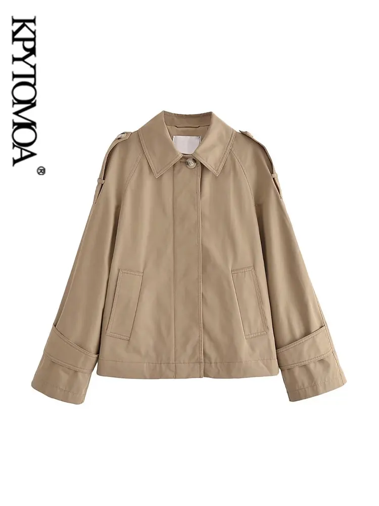 

KPYTOMOA Women Fashion With Tabs Front Pockets Cropped Trench Coat Vintage Long Sleeve Button-up Female Outerwear Chic Tops