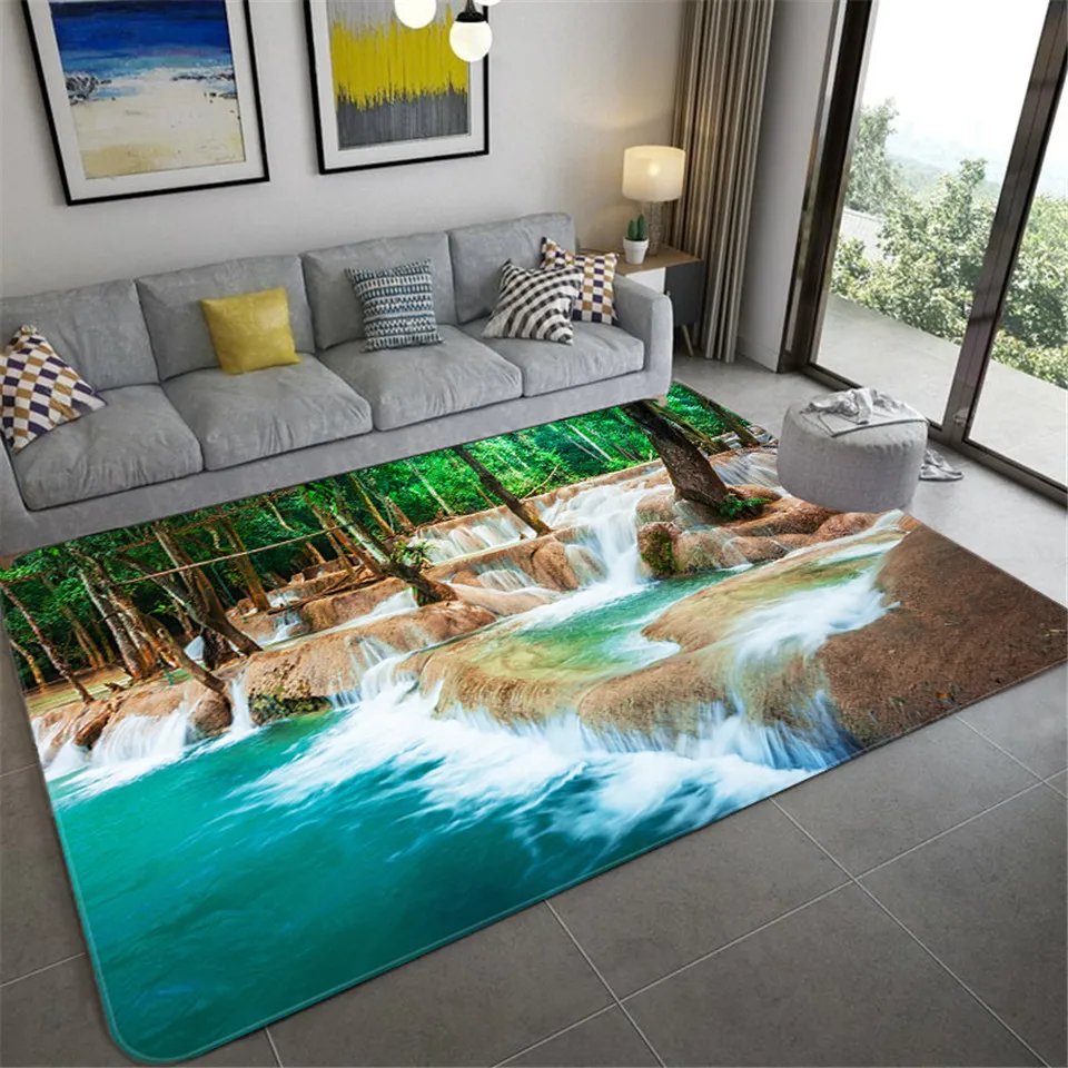 

3d Three-Dimensional Natural Landscape Carpet, Green Forest Landscape, Waterfall, Bedroom, Large Bathroom, Non-Slip