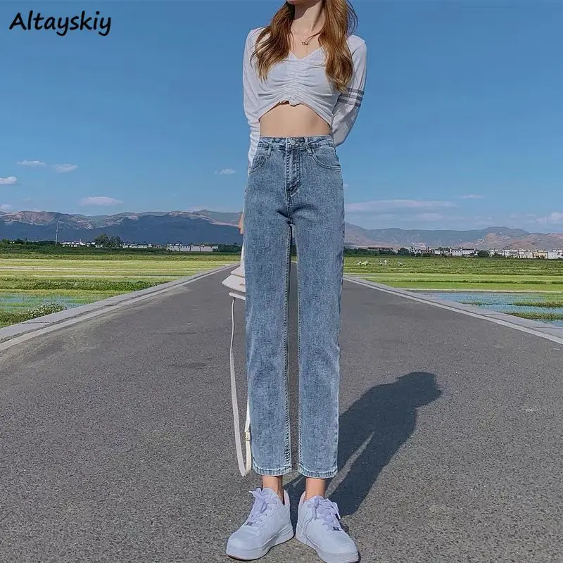 

Straight Jeans Women High Waist Chic Leisure Vintage Trousers Female Teens All-match Ins Ankle-length Autumn Do Old Hot Sale Ins