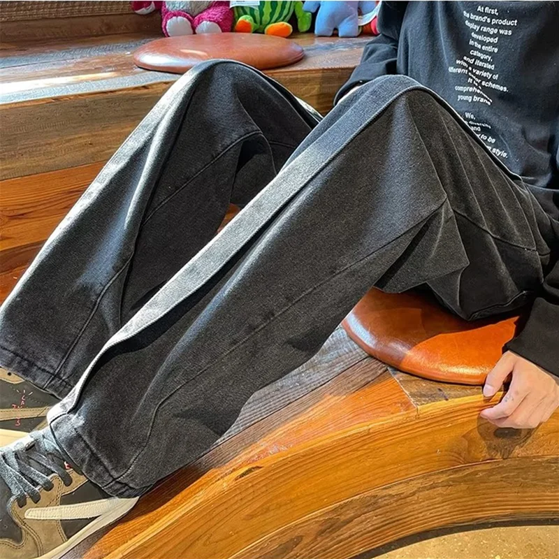 Streetwear Men 2022 New Style Vintage Splicing Recreational Blue Jeans Loose Straight Cylinder Broad Leg Trousers Autumn Female