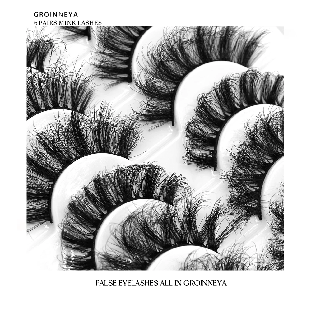 GROINNEYA False Eyelashes Cat-Eye Fluffy Faux Mink Lashes 8D Wispy Lashes 5/6 Pairs Pack Dramatic Long Thick Volume Eyelashes