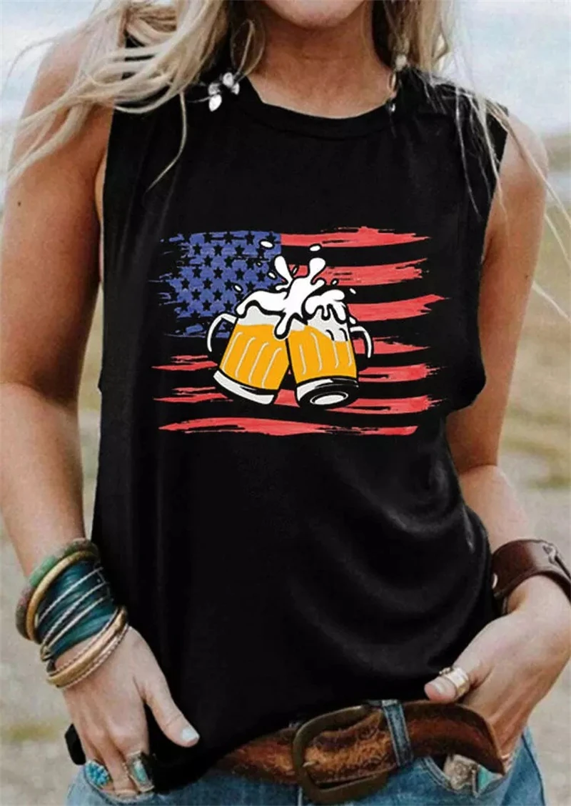 July 4th Women's New Suspenders Vest Top Independence Day Flag Wine Glass Sexy Tanks Girl Maid Sleeveless T-Shirt Lady Waistcoat