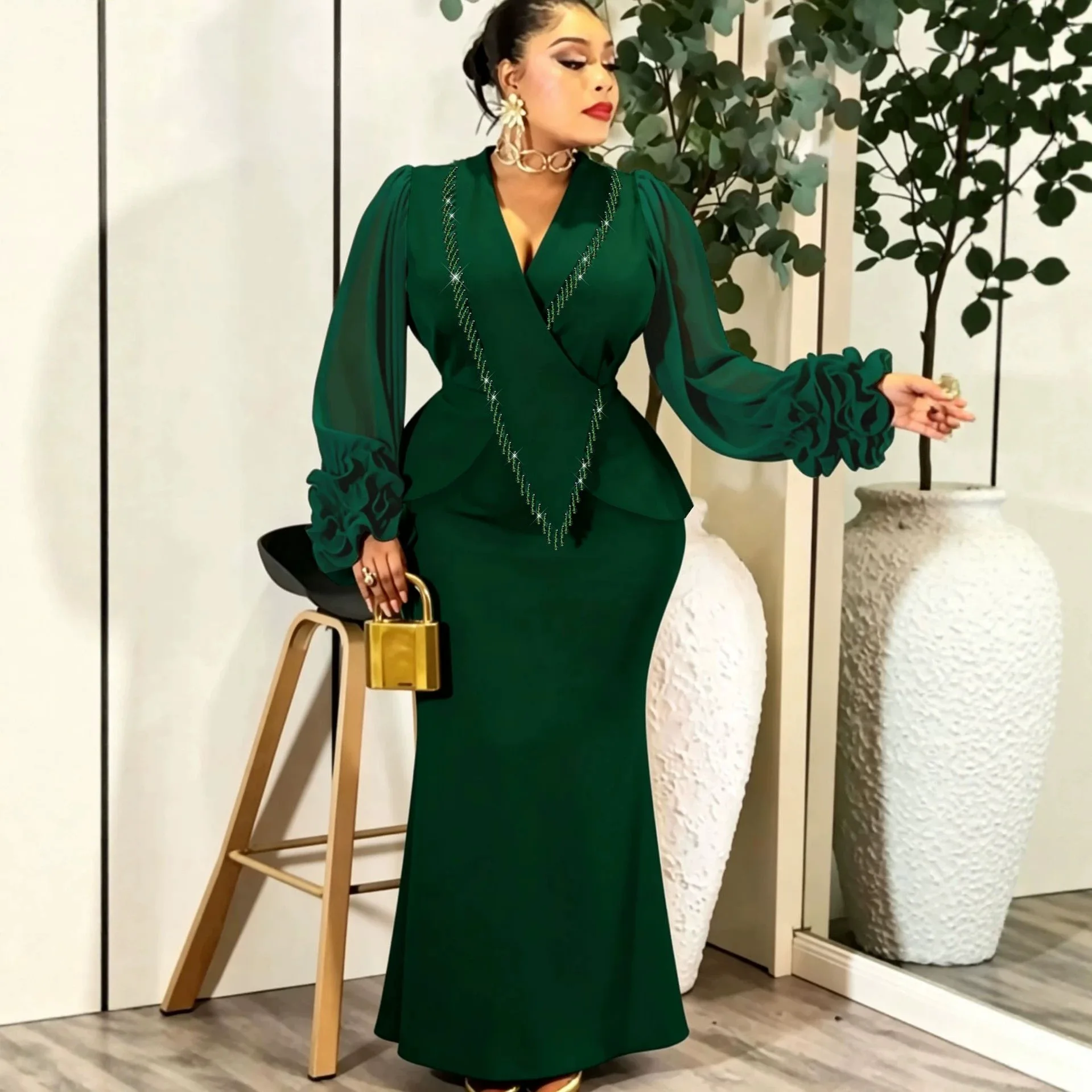Фото Женское оранжевое платье-блейзер больших размеров с V-образным вырезом, подчеркивающее фигуру, с рюшами и рукавами-колокол, элегантное, приталенное, длинное, в стиле Y2K №1